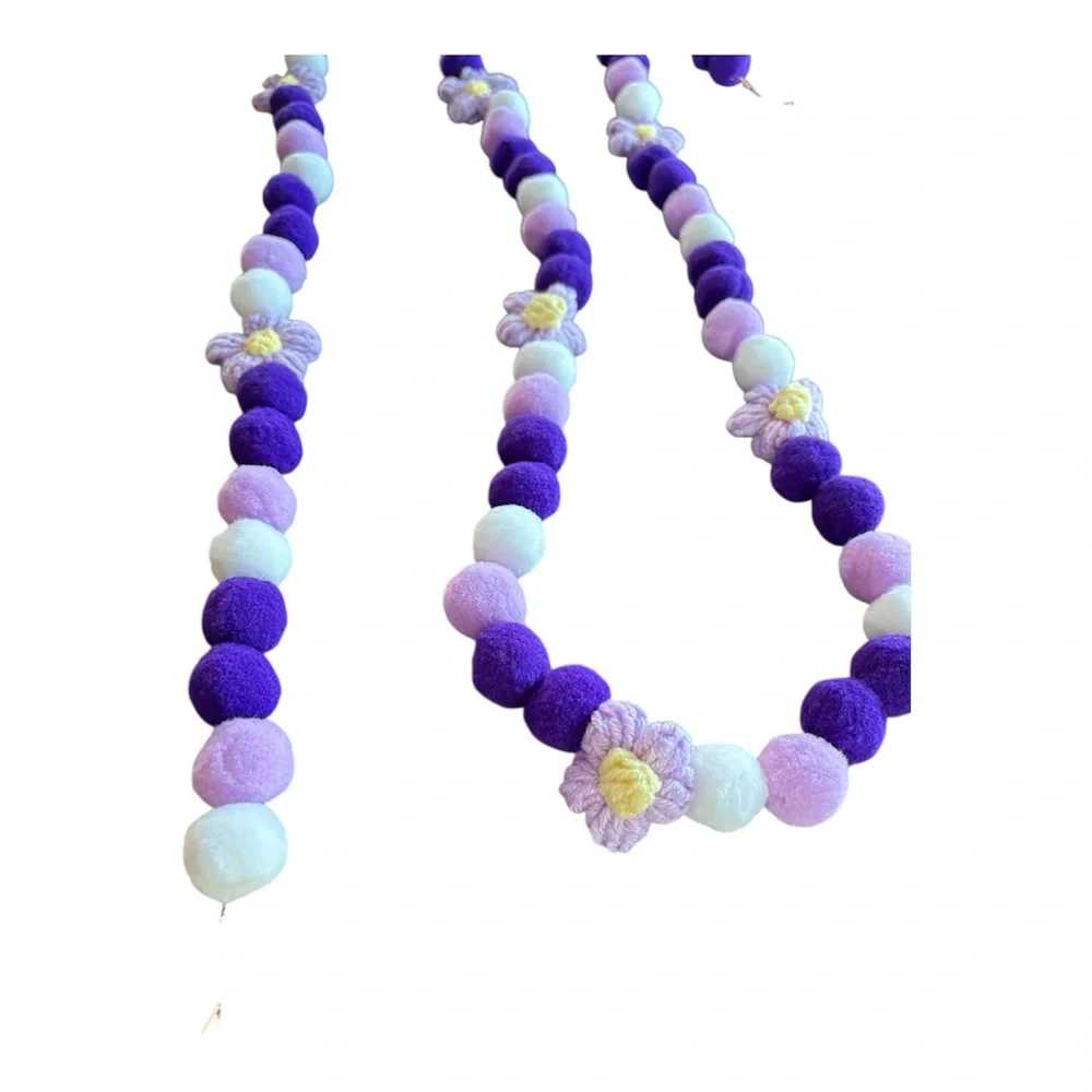 10 ft Valentine's Day Purple Light Purple Floral Pom Pom Garland Handmade Wire